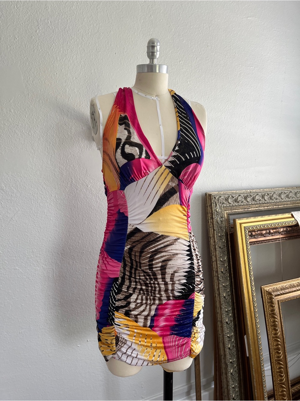 Y2K Funky Patterned Ruched Mini Dress - Picture 2 of 4